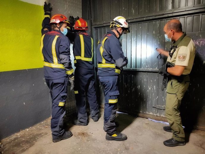 El Cuerpo de Bomberos de la Comunidad de Madrid, junto a los Agentes Forestales y la Policía Local, liberan a una víbora venenosa escondida en la puerta de un garaje en Manzanares del Real.