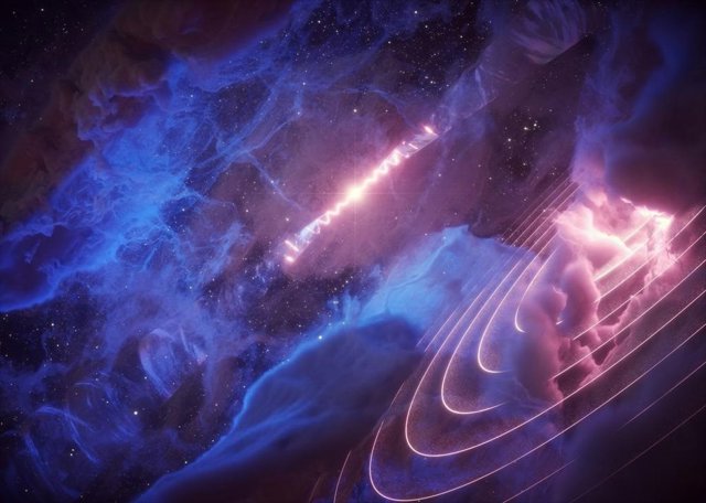 El microquasar SS 433 (al fondo) se balancea con un período de 162 días.