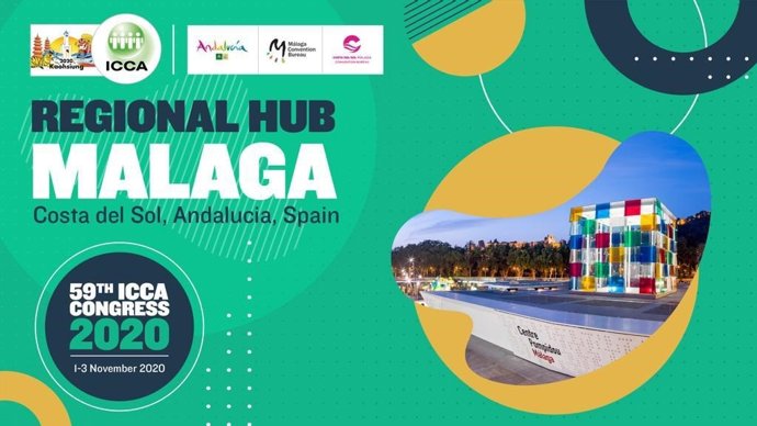 Cartel del anuncio de Málaga como subsede del Congreso Mundial de la Asociación Internacional de Congresos y Convenciones (ICCA)