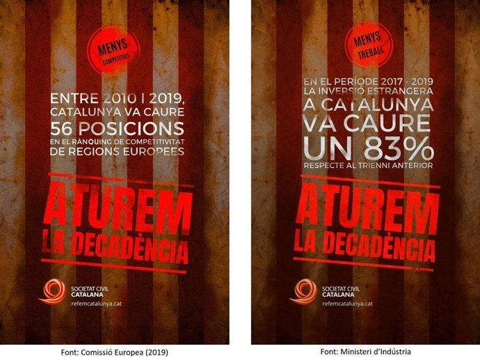Carteles de la campaña de verano de Societat Civil Catalana  'Aturem la decadncia', que tendrá presencia en las calles de Barcelona, Lleida y Girona para concienciar del "daño" del 'procés' al conjunto de la ciudadanía catalana