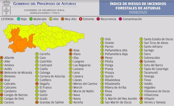 Índice De Riesgo De Incendio Forestal En El Principado De Asturias Para Este Miércoles 19 De Agosto.