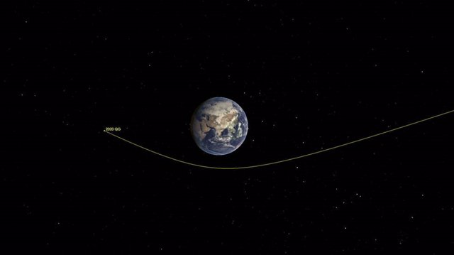 Esta ilustración muestra la trayectoria del asteroide 2020 QG doblada durante su aproximación a la Tierra.