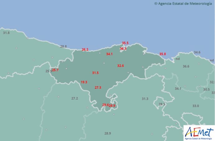 Mapa de  temperaturas máximas en Cantabria