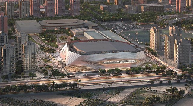 Simulación de la fachada del futuro estadio Arena de València promovido por el empresario Juan Roig con la inclusión del nombre de la ciudad.