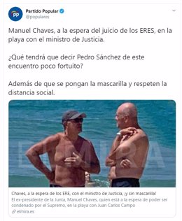 Tuit del PP denunciando un encuentro del ministro de Justicia, Juan Carlos Campo, con Manuel Chaves, condenado por los ERE