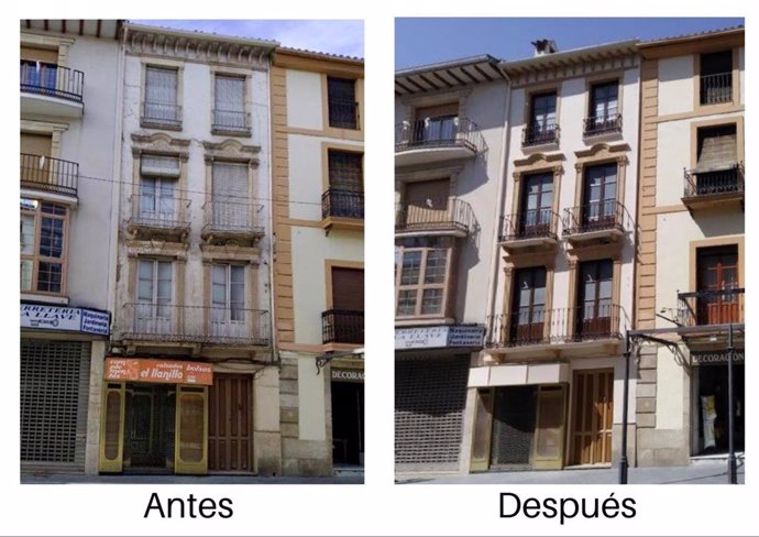 Imagen del antes y el después de la mejora en una fachada de Alcalá la Real.