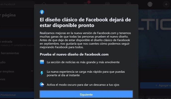 Notificación de nuevo diseño de Facebook.