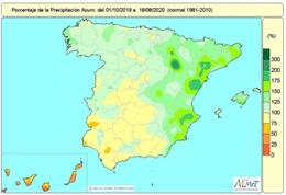 Lluvias acumuladas en España desde el 1 de octubre de 2019 hasta el 18 de agosto de 2021 superan en un 14% el valor normal para el conjunto de España.