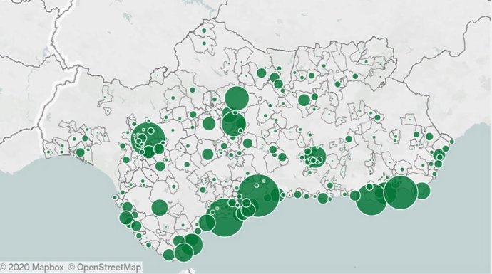Mapa sobre diagnósticos de Covid en pruebas PCR en Andalucía, a 21 de agosto de 2020.