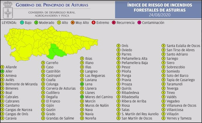 Índice De Riesgo De Incendio Forestal En Asturias Para Este Lunes 24 De Agosto De 2020.