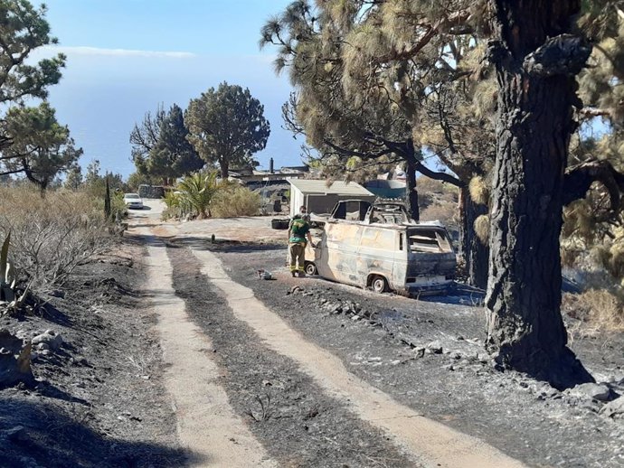 Vehículo calcinado en el incendio de Garafía
