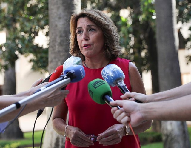 La secretaria general del PSOE-A, Susana Díaz, atendiendo a los periodistas en el Parlamento