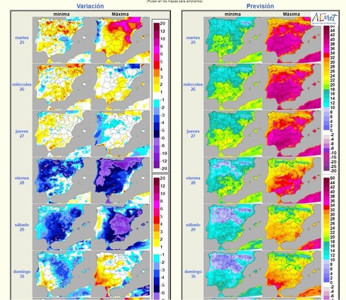 Mapas elaborados por la Aemet para ilustrar la evolución de las temperaturas en CyL entre el martes yel domingo