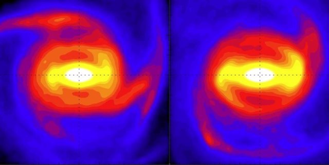 Instantáneas de una simulación de galaxias de la Vía Láctea. Se cree que la barra en el centro y los brazos espirales giran a diferentes velocidades.