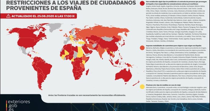 Mapa que recoge las restricciones a viajeros procedentes de España actualizado el 25 de agosto de 2020 por el Ministerio de Asuntos Exteriores, UE y Cooperación