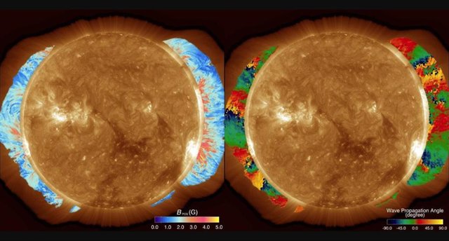 Un mapa de la intensidad del campo magnético coronal (izquierda) y la dirección (derecha) superpuesto a una imagen coronal tomada por el instrumento AIA en el Observatorio de Dinámica Solar