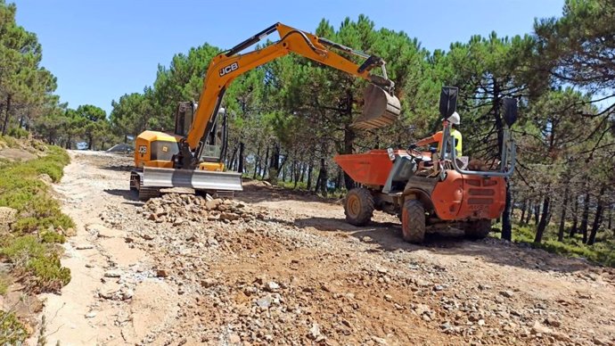 Obras en la carretera que da acceso al pico de Los Reales, en Sierra Bermeja