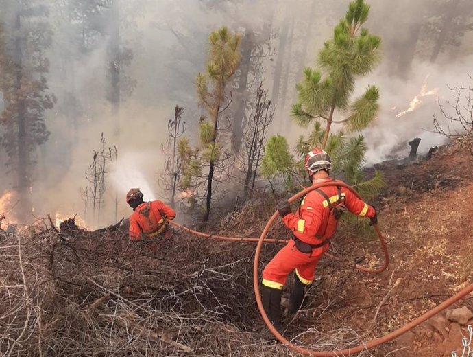 Efectivos de extinción de incendios en los trabajos para acabar con el fuego del incendio forestal de Garafía