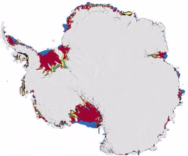 Las áreas de las plataformas de hielo que apuntalan los glaciares vulnerables a la hidrofractura se muestran en rojo.