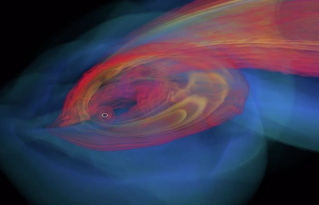 Esta imagen de una simulación por computadora muestra la rápida formación de un disco de acreción durante la ruptura de una estrella por un agujero negro supermasivo.