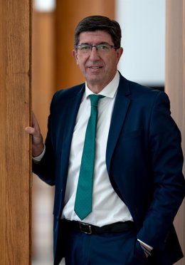 El vicepresidente de la Junta y consejero de Turismo, Regeneración, Justicia y Administración Local, Juan Marín durante la entrevista  a Europa Press. Sevilla a 6 de agosto del 2020