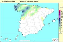 Las lluvias acumuladas desde el 1 de octubre de 2019 hasta el 25 de agosto de 2020 superan en un 14% el valor normal