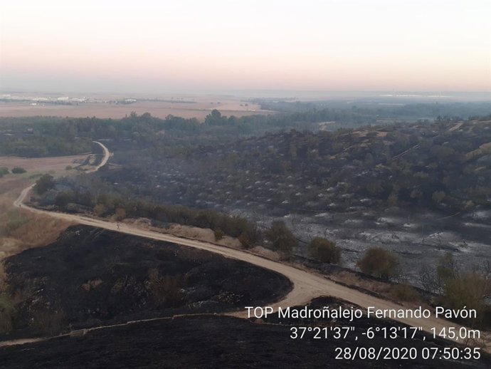 Imagen aérea de la superficie afectada por el incendio en el Corredor Verde