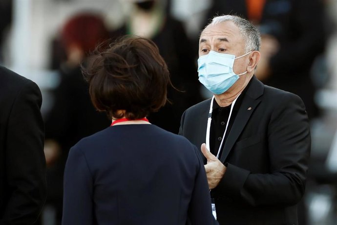 El secretario general de UGT, Pepe Álvarez, a su llegada a la ceremonia de Estado para homenajear a las víctimas de la pandemia de Covid-19