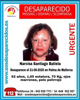 Alerta de desaparición de una mujer de 62 años en Palma el pasado 21 de agosto.