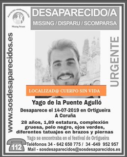 Sos Desaparecidos ratifica que Yago de la Puente ha sido localizado sin vida.