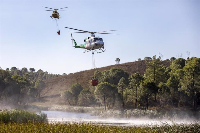 Efectivos de la UME y el Infoca continúan las labores de extinción del incendio forestal en el paraje iniciado este jueves en Almonaster la Real (Huelva).