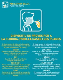 La Conselleria de Salud empieza este lunes un cribado masivo en los barrios de Pubilla Cases, la Florida y Les Planes en L'Hospitalet de Llobregat (Barcelona).