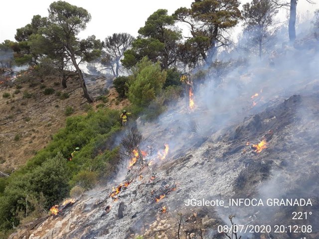 Imagen de archivo de bomberos forestales trabajando en la extinción del incendio de Quesada.