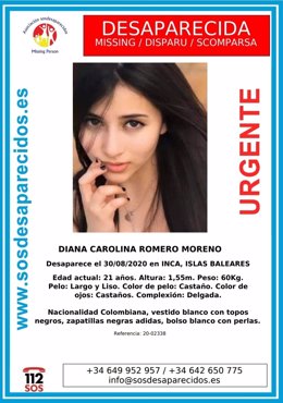 Buscan a la joven Diana Carolina Romero Moreno, desaparecida en Inca.