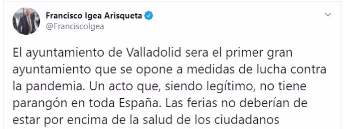 Captura del tuit del vicepresidente y portavoz de la Junta de Castilla y León, Francisco Igea.