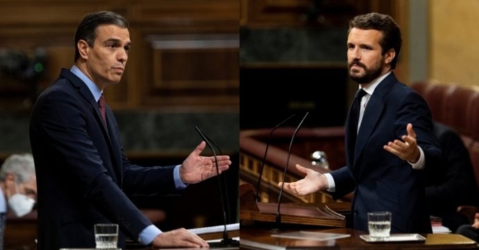 Montaje del presidente del Gobierno, Pedro Sánchez, y del líder del PP, Pablo Casado, durante el pleno del Congreso