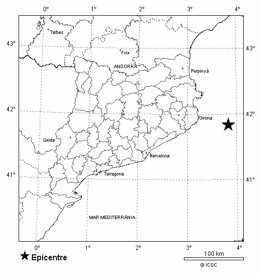 Mapa del seismo de 3,5 grados que se ha dejado sentir la madrugada de este miércoles en la Costa Brava