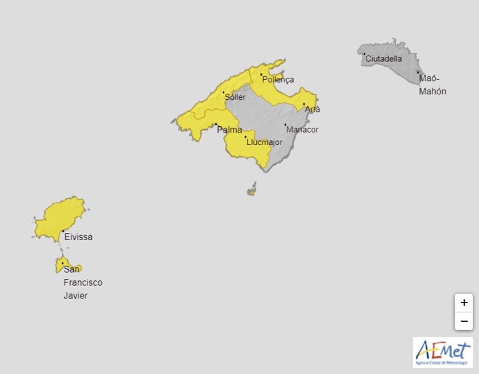 Aviso amarillo por fuertes lluvias y tormentas este miércoles en Mallorca y las Pitiusas.