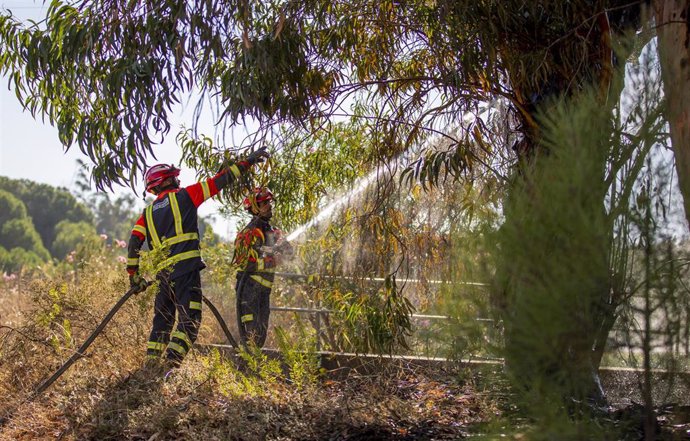 Efectivos de la UME continúan las labores de extinción del incendio forestal en el paraje de Olivargas de Almonaster la Real (Huelva, Andalucía, España); a 29 de agosto de 2020.