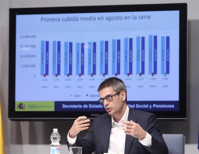 El secretario de estado de Seguridad Social y Pensiones, Israel Arroyo, presenta en rueda de prensa los datos del paro registrado y de afiliación a la Seguridad Social del mes de agosto, en Madrid (España), a 2 de septiembre de 2020.
