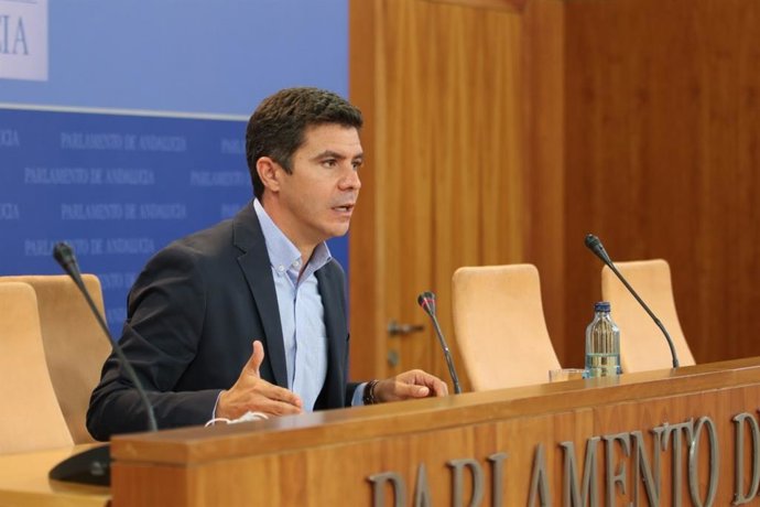 El portavoz parlamentario de Ciudadanos (Cs) en Andalucía, Sergio Romero, en rueda de prensa.