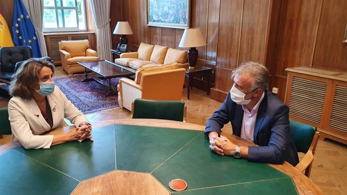 La ministra de Transición Ecológica, Teresa Ribera, y el presidente de Canarias, Ángel Víctor Torres, en una reunión sobre los proyectos del fondo de reconstrucción de la UE