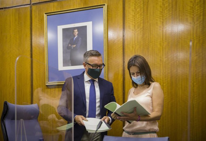 El presidente de la comisión de estudio sobre la recuperación económica y social de Andalucía a causa de la pandemia del Covid-19 y diputado de Vox, Manuel Gavira (i), junto a la diputada Ana Vanesa García (d),  presenta el dictamen de la comisión en el