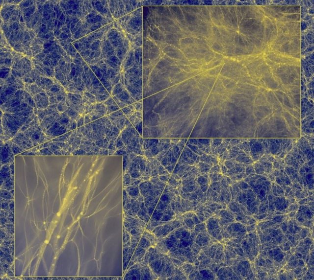 Mapa de densidad de materia oscura proyectado, creado mediante una simulación que mide 2.400 millones de años luz en cada lado.