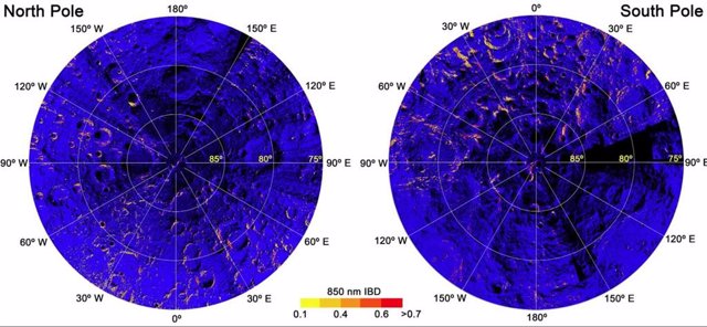 Mapa de hematita en la luna: un color más rojo significa más hematita