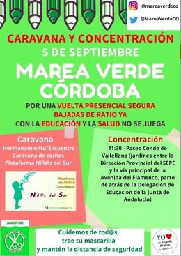 Cartel de la concentración y caravana convocada por la Marea Verde en Córdoba.