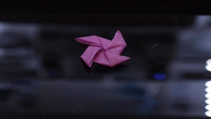 Una hoja de queratina doblada en una compleja estrella de origami como su forma permanente.
