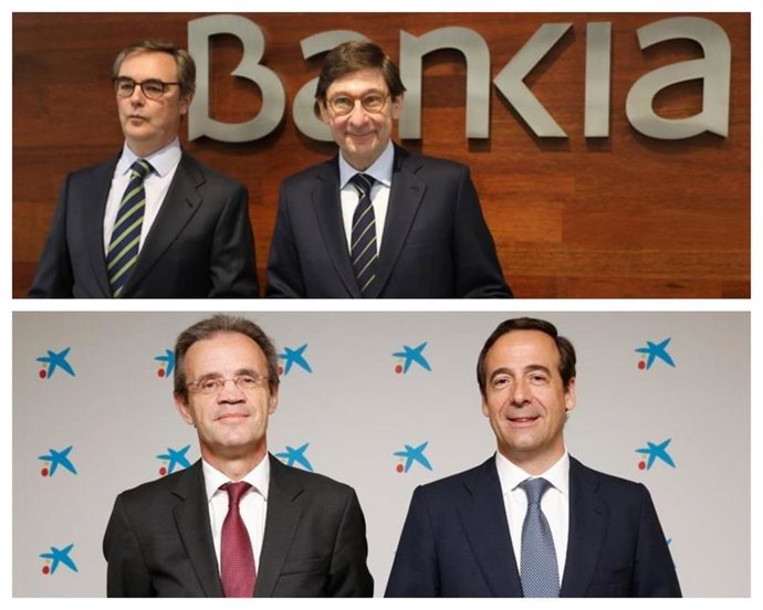 El presidente y el consejero delegado de Bankia, José Ignacio Goirigolzarri y José Sevilla, y el presidente y consejero delegado de CaixaBank, Jordi Gual y Gonzalo Gortázar
