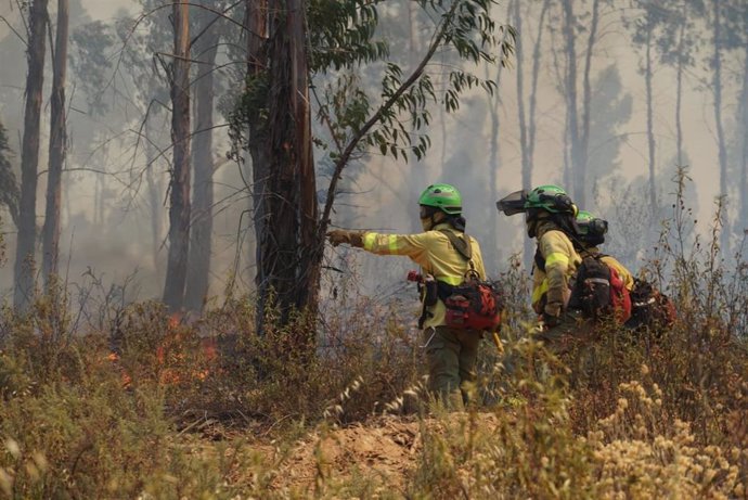 Imagen de archivo de bomberos forestales trabajando en el incendio de Almonaster la Real (Huelva). 