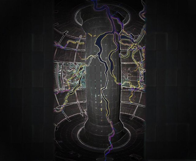 Representación de un artista de la corriente eléctrica que fluye a través de una instalación de fusión de Tokamak
